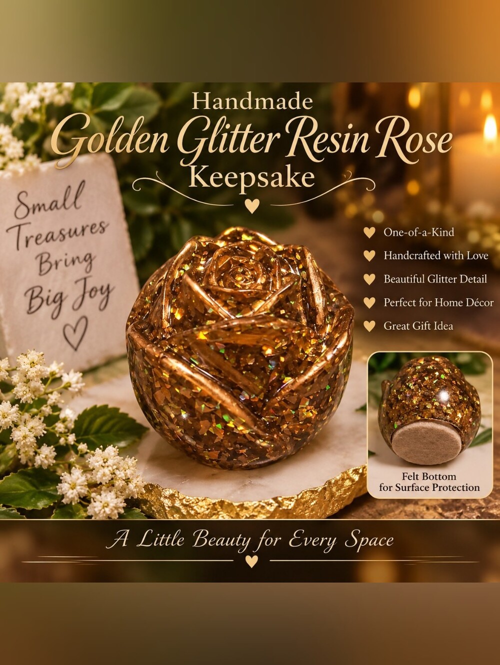 Handmade Golden Glitter Resin Rose Keepsake - Home Accents